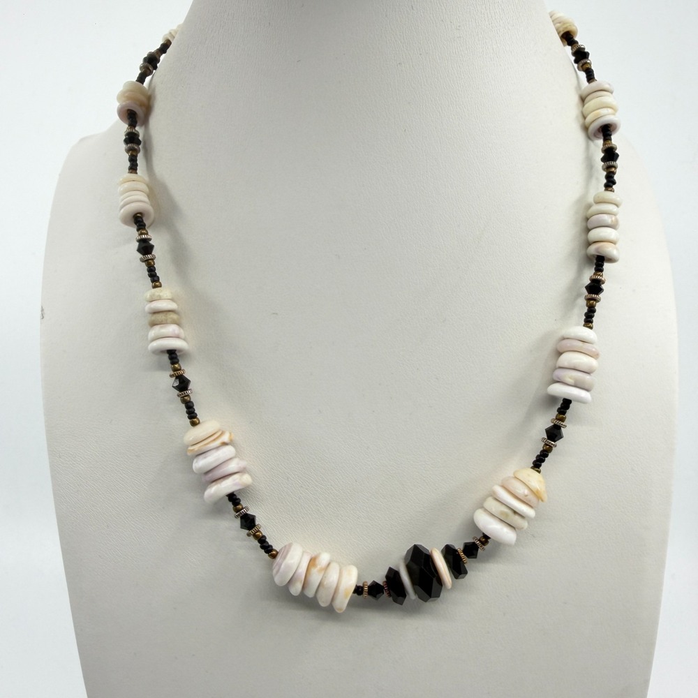 Boho Chic Heishi Shell & Black Crystal Bead Statement Necklace Layering Jewelry